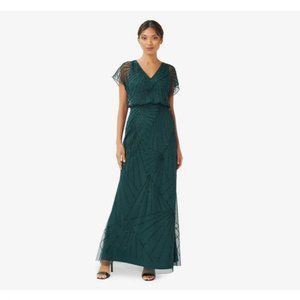 Beaded Long Gown with Flutter Sleeves in Emerald - Mother of the Bride Dress